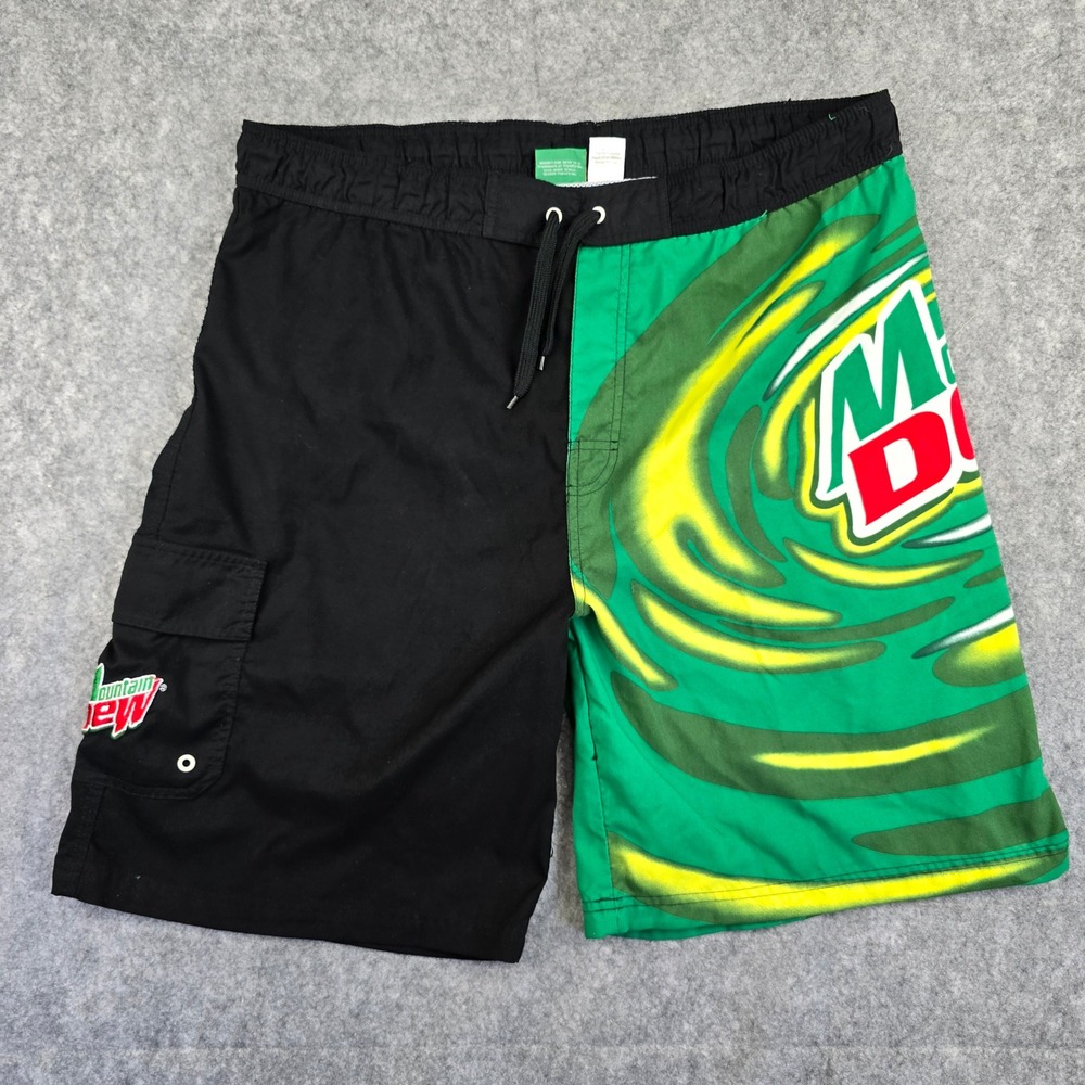 Mountain Dew Board Shorts Mens 38 Black Green Graphic Print Cargo Swim Trunks